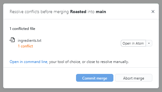 A file browser indicates that the ingredient.txt file is causing the merge conflict.